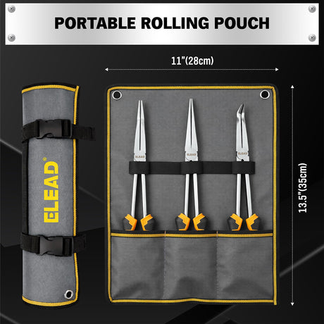 3-Piece 11 Inch Long Reach Pliers Set with 3 Magnetic Plier Racks, Extra Long Needle Nose Pliers Set Includes Straight, 45° & 90° Bent Nose Plier, Pliers Tool Set for Tight Spaces