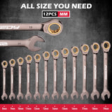 Premium 12-Piece Metric Ratchet Wrenches Set with Magnetic Organizer 8mm-19 mm, 72-Tooth Ratcheting Wrench Set, Cr-V Steel Ratchet Combination Wrench Set for Automotive, Machine Repair