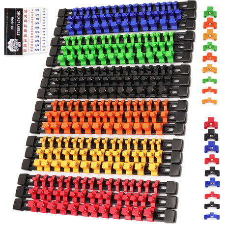 SWANLAKE Socket Organizer Set 18-Piece, 1/4-Inch x 96 Clips, 3/8-Inch x 90 Clips, 1/2-Inch x 72 Clips, Socket Organizer for Tool Box Drawer, Drive Socket Trays, Socket Holder Clip Rail