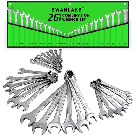 26-Piece Combination Wrench Set with Roll-up Pouch, SAE 1/4” - 1”, Metric 8mm - 24mm, Perfect for General Household, Garage, Auto Repairs and Travel Emergency