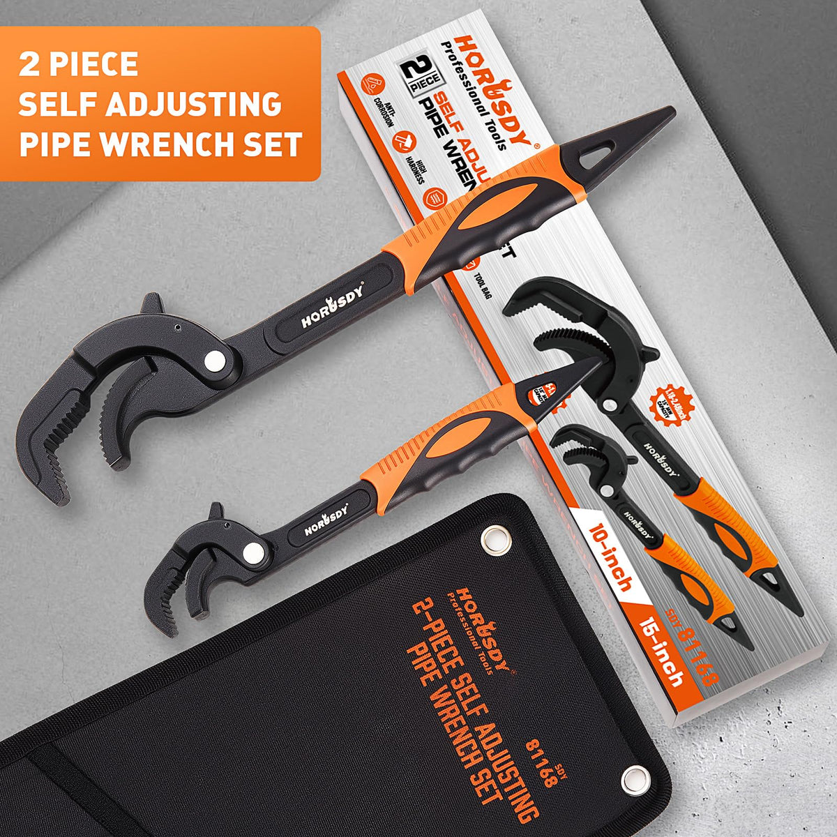 HORUSDY Heavy Duty Pipe Wrench Set, 10” and 15” Self-Adjusting Pipe Wrenches for Plumbing and HVAC, 2-Piece Pipe Vise Tool Kit for Standard and Irregular Nuts, Pipes, Fixtures – Pipe Wrench Set | Amazon US image 2