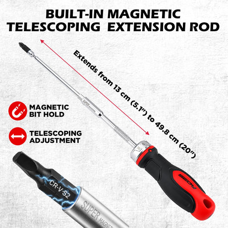 26-Piece Ratcheting Screwdriver Bit Set with 1/4" Magnetic Ratchet Driver, S2 Steel Bits, Telescopic Magnetic Extension Rod, Torx Phillips Slotted & Hex Bits Kit for Home Repair, Garage and DIY