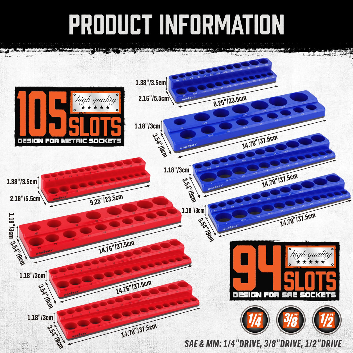 HORUSDY 8-Piece Magnetic Socket Organizer Set, Magnet Socket Holder, 1/4", 3/8", 1/2" Socket Holds 199 Pieces Magnetic Trays. (8-Piece Organizer Set)