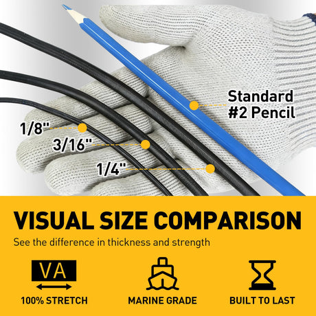 Heavy Duty Bungee Cord Roll, 1/8" x 110ft Marine Grade Outdoor Bungee Cords, Black Super Elastic Shock Cords, Long Cord for Cargo, Camping, Bike Racks, Tents
