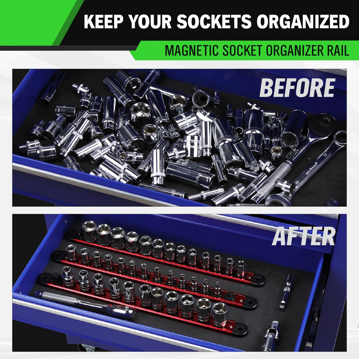 1/2-Inch Magnetic Socket Organizer Rail, Aluminum Alloy Socket Rail, Heavy Duty Sockets Holder with 12 Clips, 360° Swivel Clip Tool Tray, Sockets Organizer for Tool Box Drawer (Red)