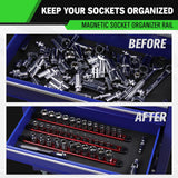 1/2-Inch Magnetic Socket Organizer Rail, Aluminum Alloy Socket Rail, Heavy Duty Sockets Holder with 12 Clips, 360° Swivel Clip Tool Tray, Sockets Organizer for Tool Box Drawer (Red)