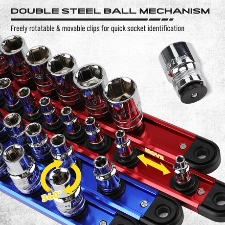 8-Piece Magnetic Socket and Wrench Organizer Set, Metric & SAE, 1/4", 3/8", 1/2" Drive Socket Rail, 24-Slots Wrench Holder with Non-Slip Handle for Toolbox Drawer Storage (Socket Wrench not Included)