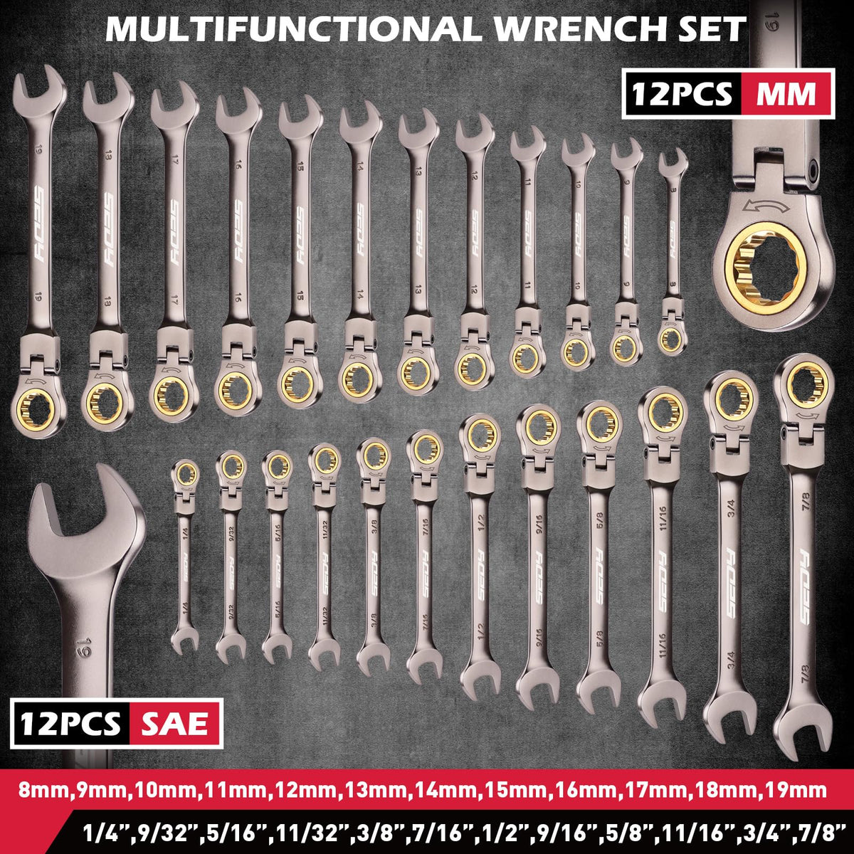 Premium 24-Piece Flex-Head Ratchet Wrenches Set with Magnetic Organizers, Metric SAE 8-19mm 1/4"-7/8", Cr-V Ratcheting Wrenches with 72 Teeth 180° Flex Head, Ratchet Combination Wrench Set for Repair