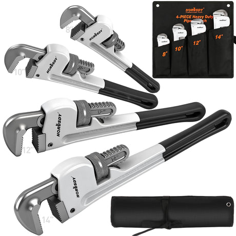 HORUSDY 4 Pack Adjustable Pipe Wrench Set, 8", 10", 12", 14" Heavy-Duty Plumbing Wrench with Anti-Slip Jaws