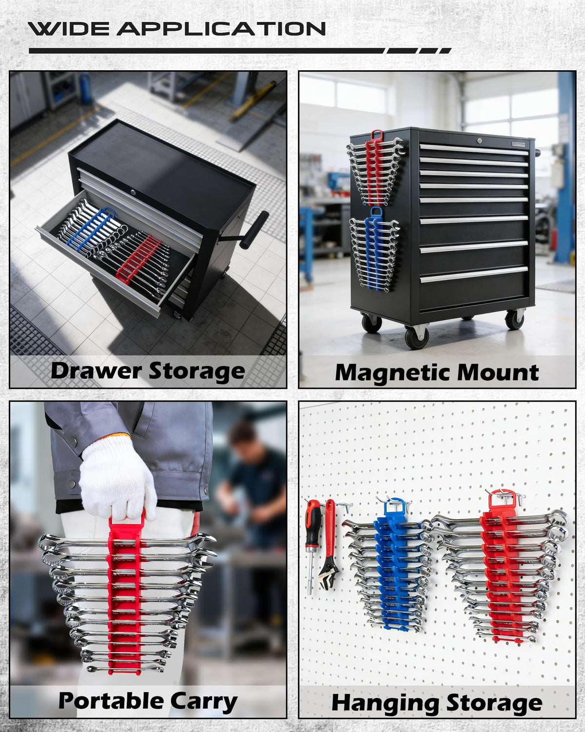 2-Pack Magnetic Wrench Organizer Set, 24-Slot Premium Wrench Rack Holder with Non-Slip Carry Handle for Tool Box Drawer Wall Storage, SAE (1/4'' to 15/16'') & Metric (6mm to 24mm)