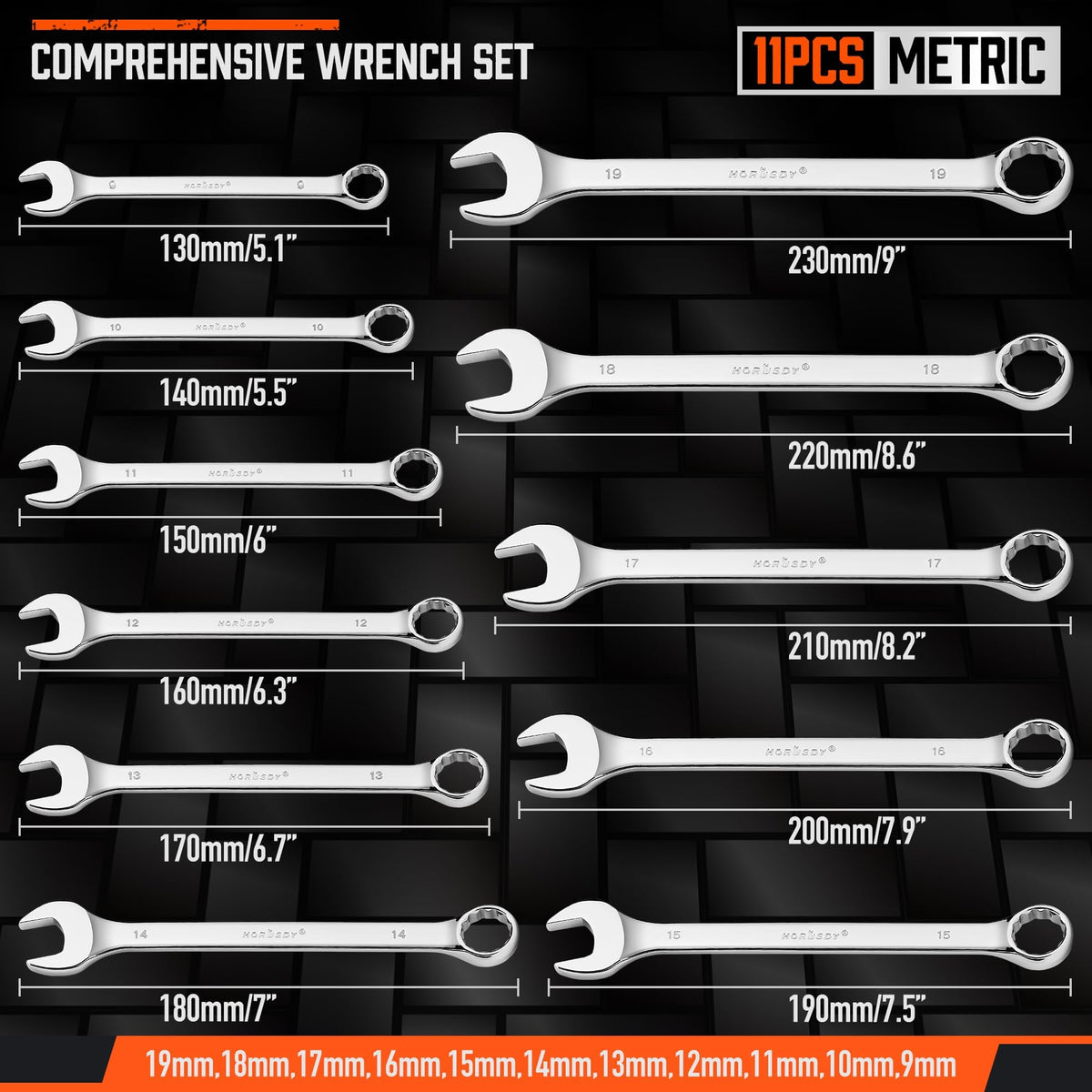 HORUSDY 22-Piece Wrench Set, Metric & SAE, 9mm - 19mm, 1/4" - 7/8", Combination Wrenches Set with Storage Rack, 12 Point Chrome Vanadium Steel