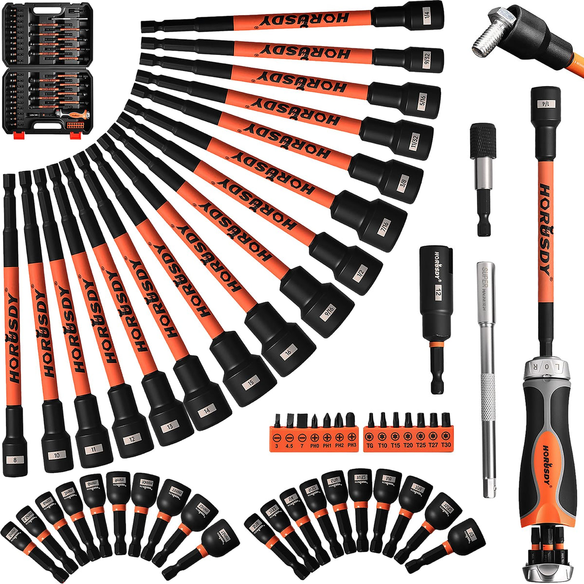 HORUSDY 59pcs Magnetic Nut Driver Set with 6-in-1 Ratcheting Screwdriver Handle, SAE & Metric 1/4 Inch Hex Shank Socket Set for Impact Drill with Quick-release Bit Holder and Extension Bar