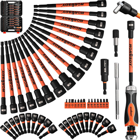 HORUSDY 59pcs Magnetic Nut Driver Set with 6-in-1 Ratcheting Screwdriver Handle, SAE & Metric 1/4 Inch Hex Shank Socket Set for Impact Drill with Quick-release Bit Holder and Extension Bar