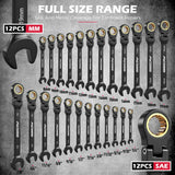 Premium 24-Piece Flex-Head Ratcheting Wrench Set, Metric(8–19mm)& SAE(1/4-7/8") Combination Wrenches, 72-Tooth CR-V Steel with Durable Black Finish, Ratchet Spanners with Roll-Up Tool Pouch for Repair