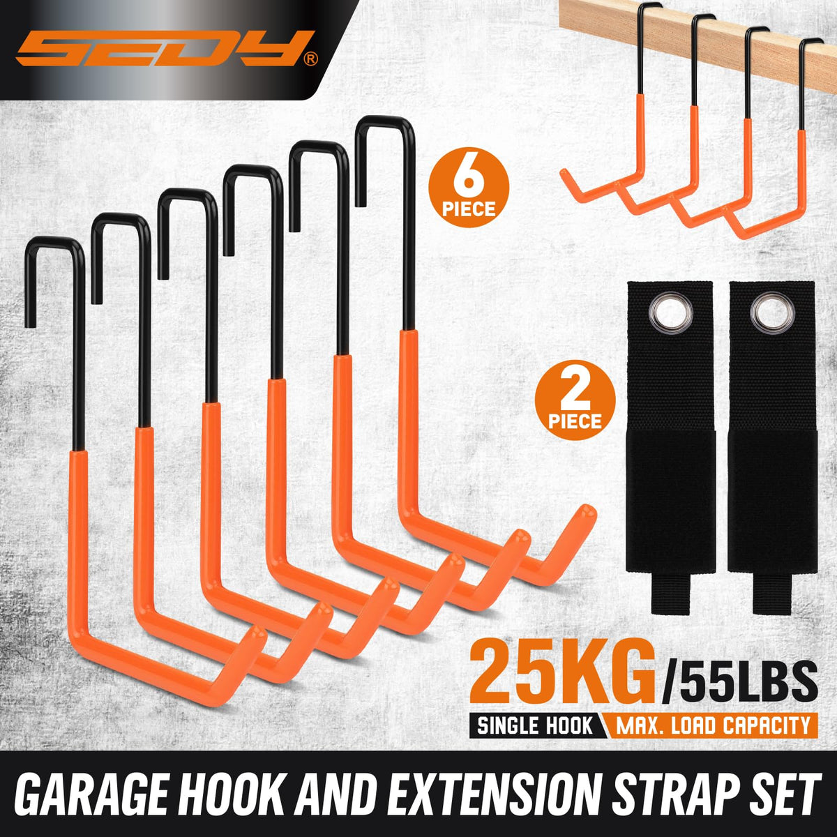 6-Piece Heavy Duty Rafter Hanger Hooks with 2-Piece Extension Straps, Vinyl Coated Large Metal Garage Utility Hooks for Hanging Bike Ladder Garden Tool Organizer (8 Pack, Orange)