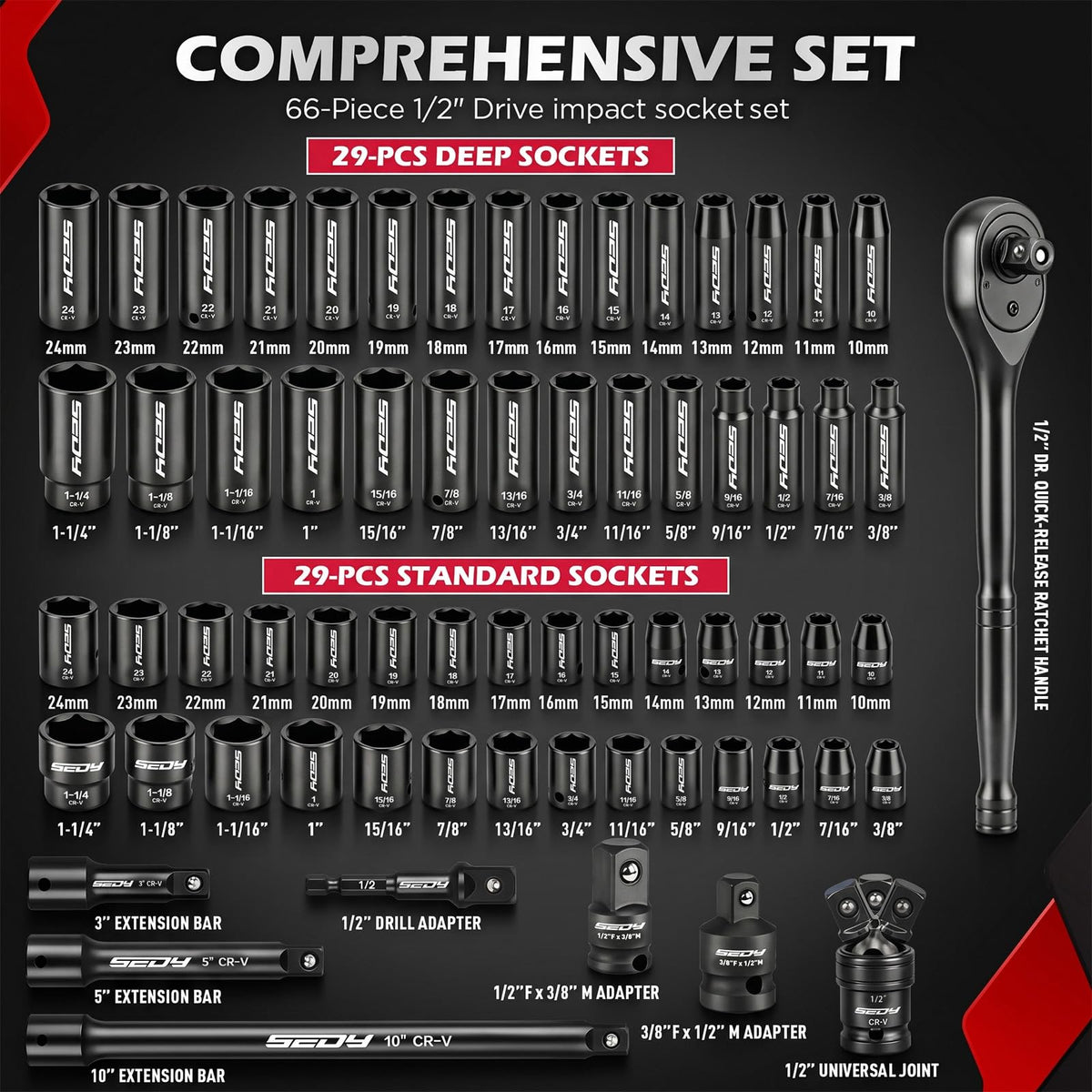 66-Piece 1/2" Drive Impact Socket Set, SAE 3/8" to 1-1/4" and Metric 10-24mm, Deep & Standard 6-Point Cr-V Sockets with Ratchet, Extension Bars, Adapters, Universal Joint, Drill Adapter, Storage Case