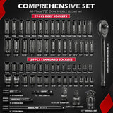 66-Piece 1/2" Drive Impact Socket Set, SAE 3/8" to 1-1/4" and Metric 10-24mm, Deep & Standard 6-Point Cr-V Sockets with Ratchet, Extension Bars, Adapters, Universal Joint, Drill Adapter, Storage Case