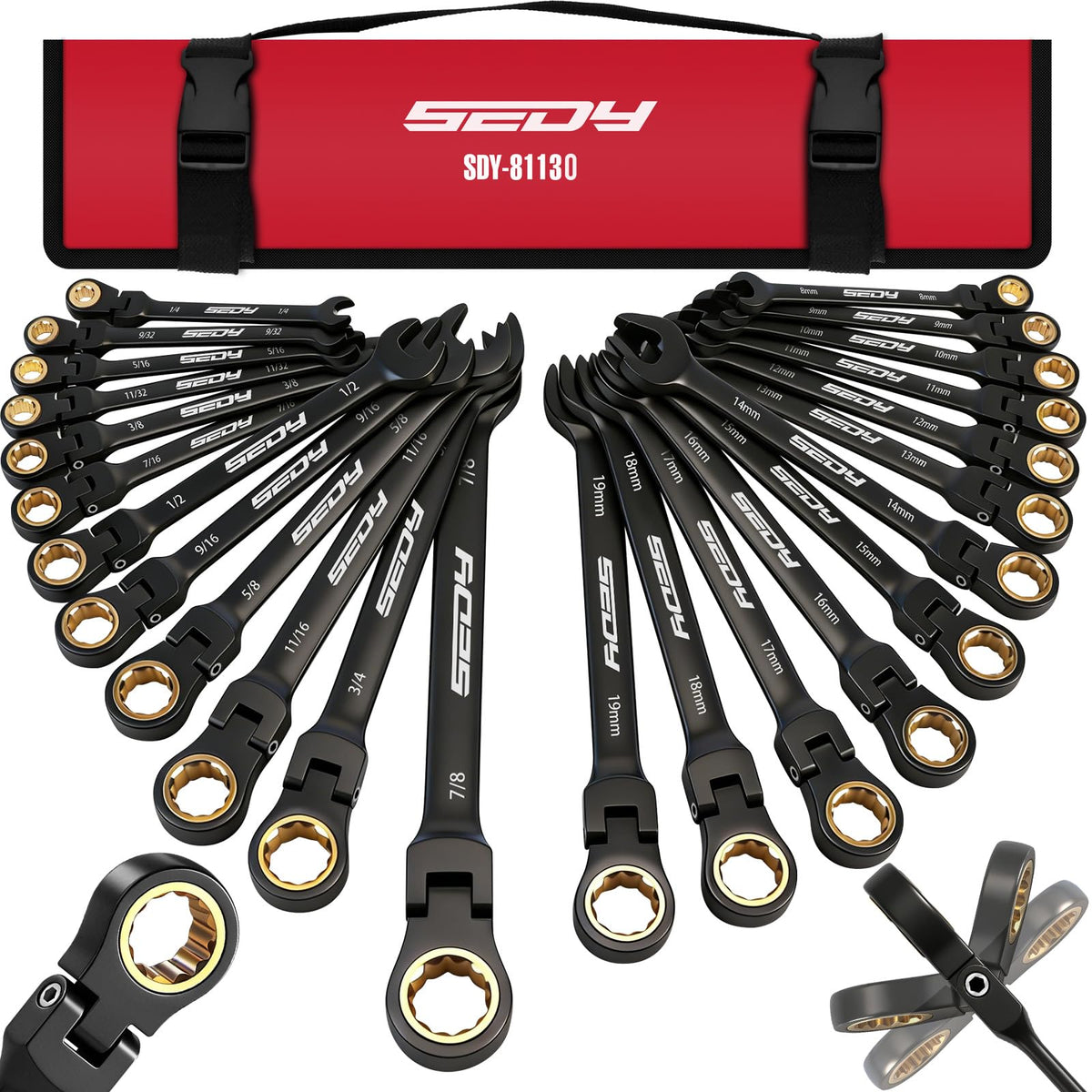 Premium 24-Piece Flex-Head Ratcheting Wrench Set, Metric(8–19mm)& SAE(1/4-7/8") Combination Wrenches, 72-Tooth CR-V Steel with Durable Black Finish, Ratchet Spanners with Roll-Up Tool Pouch for Repair