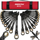 Premium 24-Piece Flex-Head Ratcheting Wrench Set, Metric(8–19mm)& SAE(1/4-7/8") Combination Wrenches, 72-Tooth CR-V Steel with Durable Black Finish, Ratchet Spanners with Roll-Up Tool Pouch for Repair