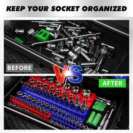 8-Piece Magnetic Socket Organizer Set, SAE & Metric Socket Holders for 1/4", 3/8", 1/2" Drive, Holds 199 Sockets, Rubber-Coated Toolbox Storage Trays, Blue and Red Tool Box Organizer