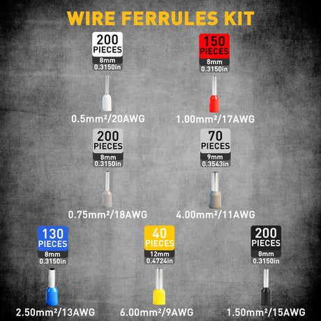 1188-Piece Ferrule Crimping & Stripping Tool Kit, AWG 23-7 (0.25-10 mm²) Ferrule Crimper, Automatic Wire Stripper with Conductor End Sleeve, Terminal, Flat Plug, Flat Connector and Tie Tape