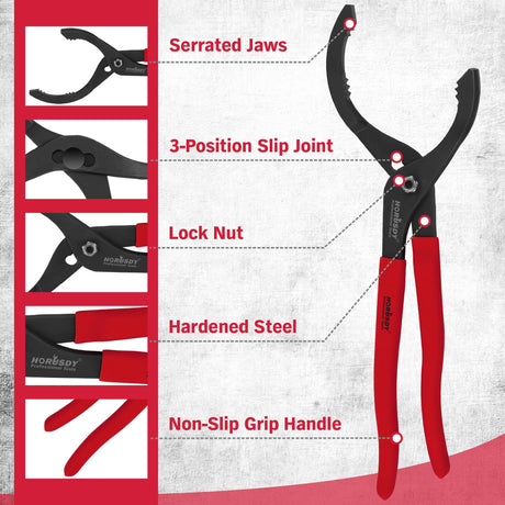 HORUSDY 12" Adjustable Oil Filter Pliers, Adjustable Oil Filter Wrench Removal Tool (Red)