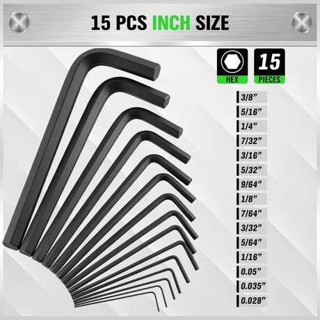 32-Piece Hex Key Allen Wrench Set, SAE and Metric Allen Keys MM(0.7mm-10mm) SAE(0.028"-3/8), L Shape, Chrome Vanadium Steel, Easy Organization
