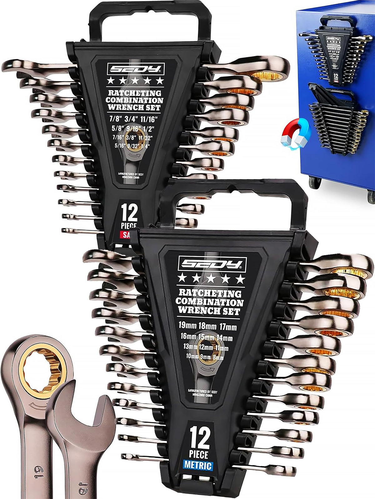 Premium 24-Piece Ratchet Wrenches Set with Magnetic Organizer, SAE 1/4"-7/8" & Metric 8mm-19mm, Cr-V Steel Ratcheting Wrench Set, Ratchet Combination Wrench Set for Automotive, Machine Repair
