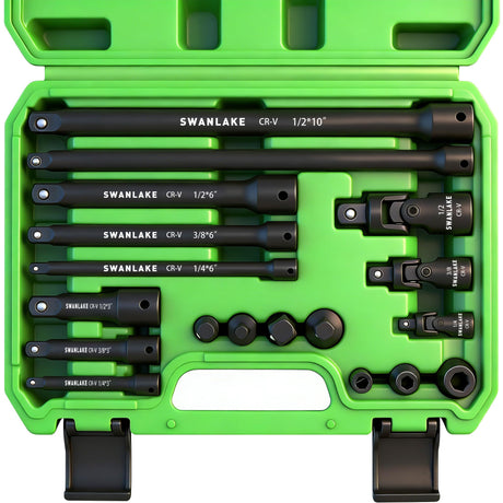 18-piece Impact Socket Extension Set Tools, Swivel Universal Joint, Deep 1/4", 3/8", 1/2" Drive Socket Adapter, Extension Bar, 3 Ratchet Coupler, CR-V Steel Alloy Corrosion-Resistant Mechanic Tools