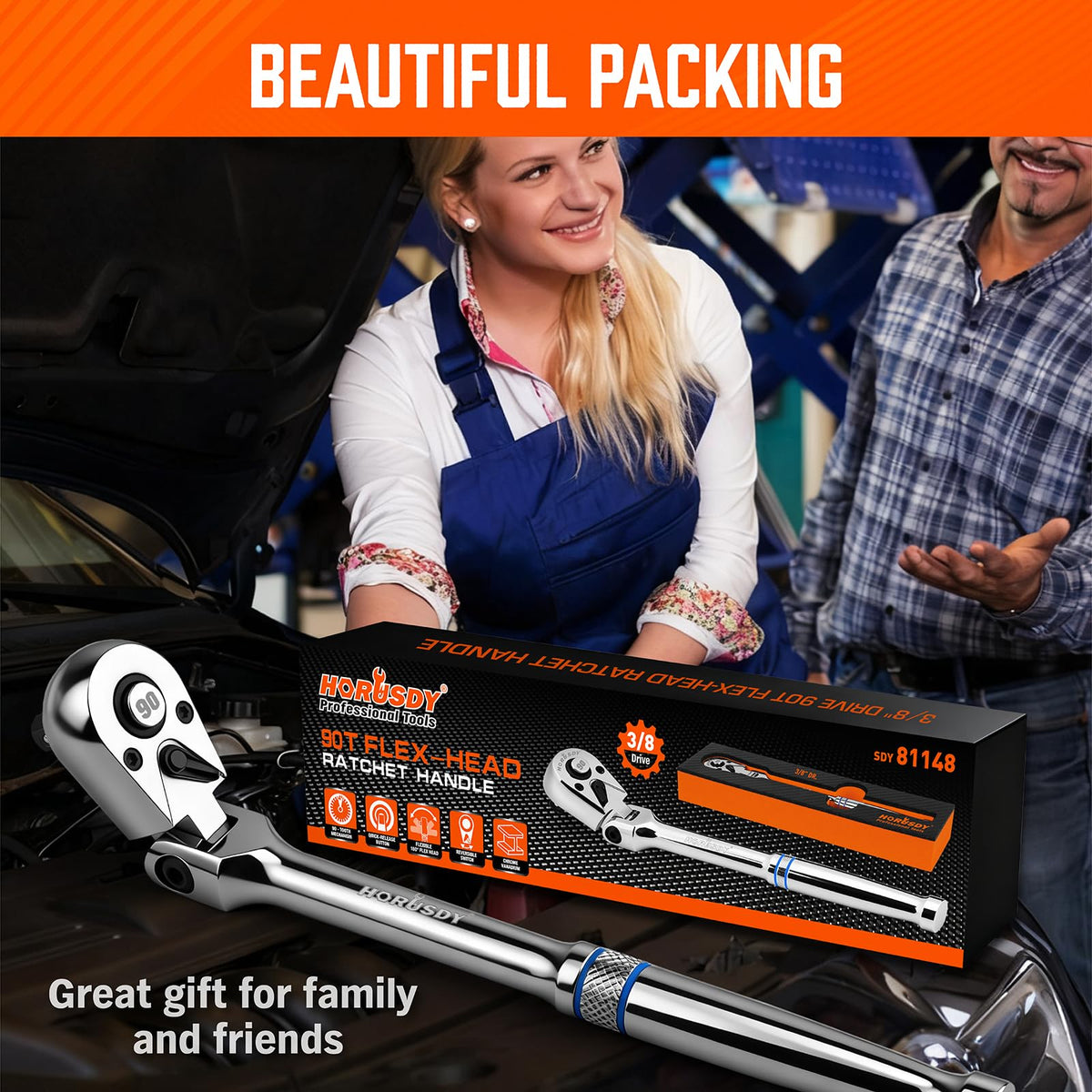 HORUSDY 3/8" Drive 90-Tooth Flex Head Ratchet Handle, 180° Adjustable CR-V Ratchet with Quick Release & Reversible Switch, 4° Swing Arc Socket Wrench for Automotive, Bike & DIY Repair