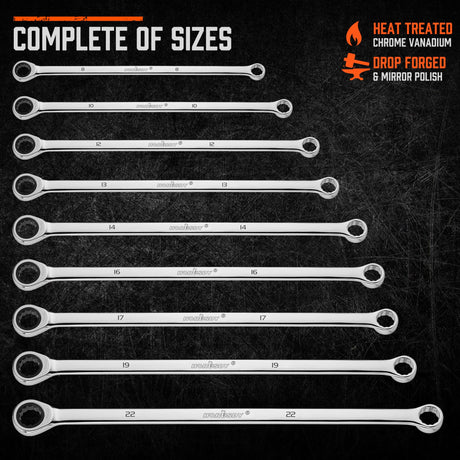 HORUSDY 9-Piece Extra Long Ratcheting Wrench Set, Double Box End Wrench Set with Tool Bag & Box, Metric 8-22mm, CR-V Steel