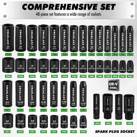 105-Piece 3/8" Drive Impact Socket Set, SAE (5/16 to 3/4 inch) and Metric (8-22mm) 6 Point CR-V Steel Socket Wrench Set, Extension Bars, Universal Joint, Ratchet Handle, Screwdriver Bit Mechanic Tool