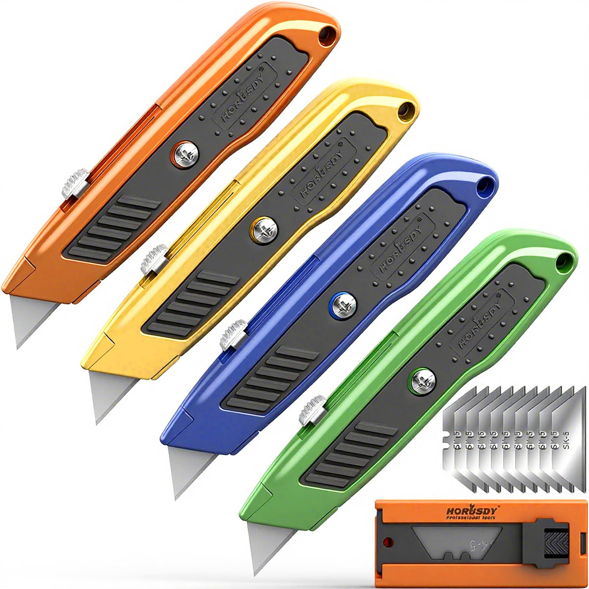 Sets Questions Instruments HORUSDY 4-Pack Box Cutter Utility Knife, Heavy Duty Aluminum Shell Ret ...
