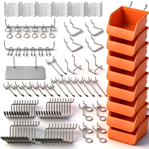 HORUSDY 150 PCS Pegboard Hooks Assortment Kit – 15 Types Heavy Duty Pegboard Accessories with Bins – Fits 1/8 & 1/4 Inch Pegboard Metal Hooks for Garage, Workshop, and Tool Organization