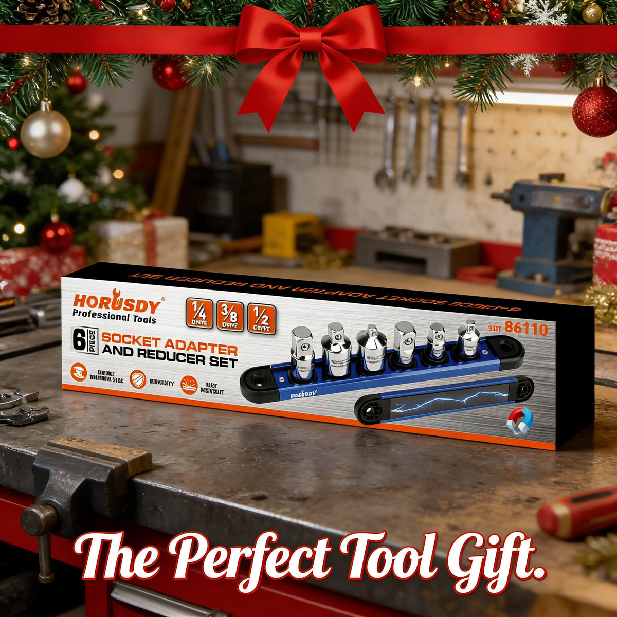 6-Piece Storeable Socket Adapter and Reducer Set with Magnetic Rail, Ratchet Adapter Set 1/4" 3/8" 1/2" Drive, Chrome Vanadium Steel, for Impact Driver & Drill, Organized Holder