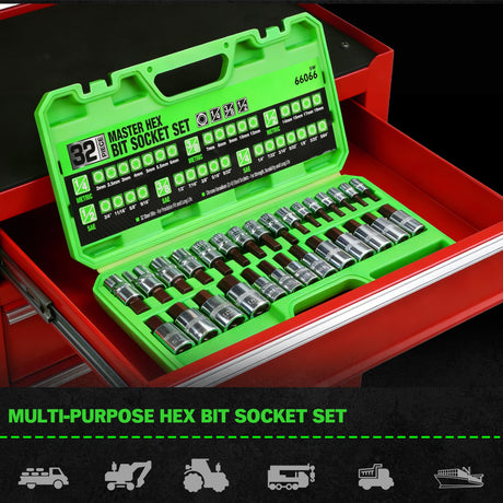 SWANLAKE 32 Piece Hex Bit Socket Set,SAE and Metric, 1/4'', 3/8', 1/2'' Drive Socket Set, S2 & Cr-V Steel