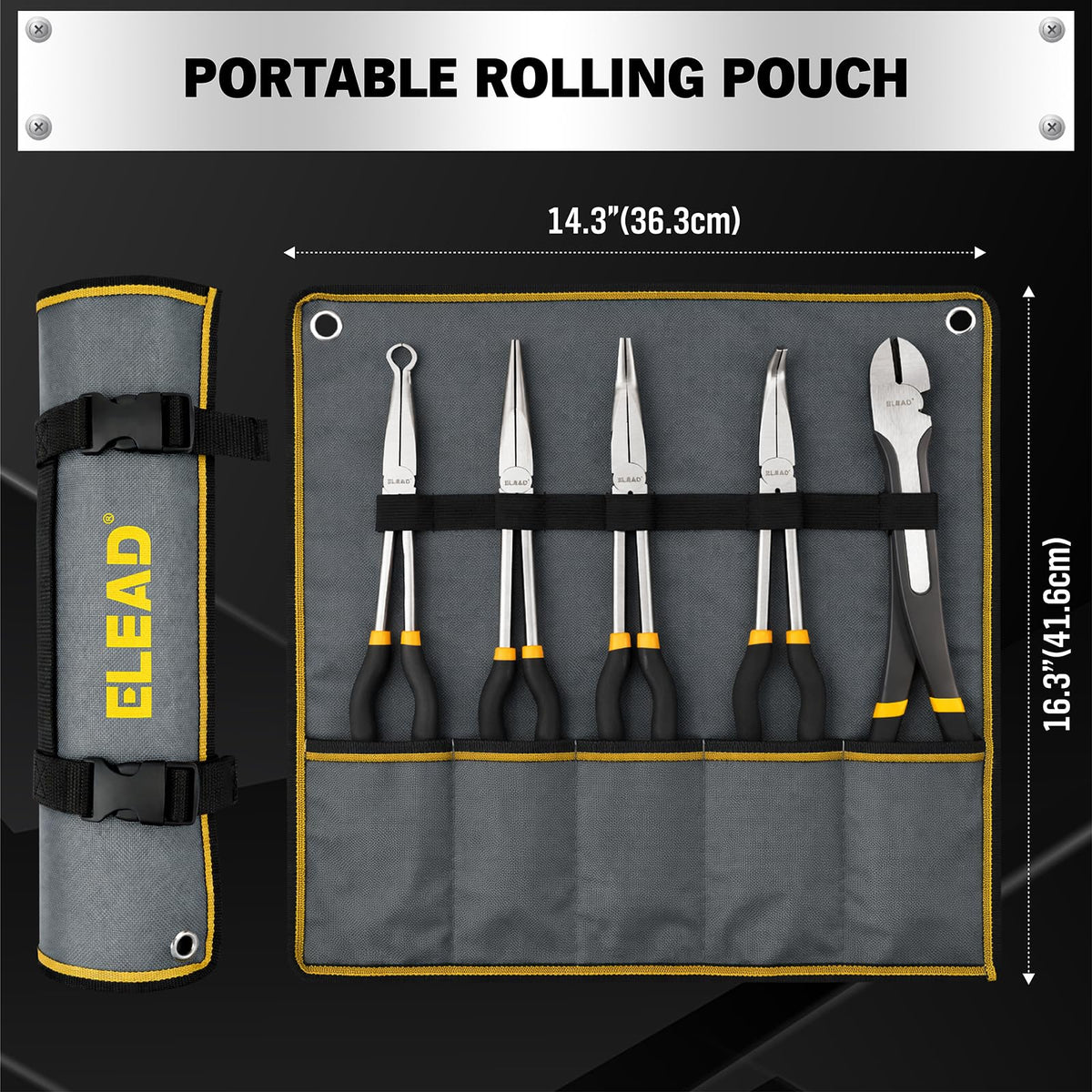 5-Piece 11 Inch Long Needle Nose Pliers Set with 4 Magnetic Plier Racks, Extra Long Reach Pliers Set, 45° & 90° Bent Needle Nose Pliers, Circle Nose and Diagonal Pliers for Tight Spaces