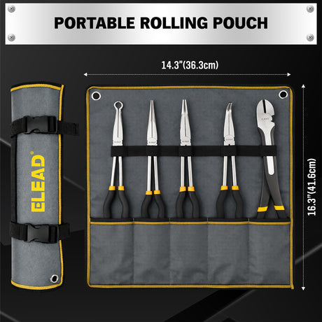 5-Piece 11 Inch Long Needle Nose Pliers Set with 4 Magnetic Plier Racks, Extra Long Reach Pliers Set, 45° & 90° Bent Needle Nose Pliers, Circle Nose and Diagonal Pliers for Tight Spaces