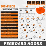 HORUSDY 309 PCS Pegboard Hooks Assortment Kit – 17 Types Heavy Duty Peg Board Hooks & Organizer Accessories – Fits 1/8 & 1/4 Inch Pegboard Durable Metal Wall Hooks for Garage Kitchen Workshop