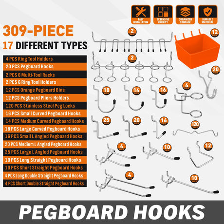 HORUSDY 309 PCS Pegboard Hooks Assortment Kit – 17 Types Heavy Duty Peg Board Hooks & Organizer Accessories – Fits 1/8 & 1/4 Inch Pegboard Durable Metal Wall Hooks for Garage Kitchen Workshop