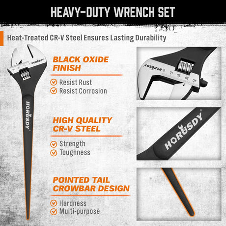 HORUSDY 3-Piece Adjustable Spud Wrench Set, 10", 12", 16", CR-V Steel, SAE & Metric Scale, Black Oxide Finish, Heavy Duty Wrenches for Construction, Mechanical Repair, DIY and Outdoor Projects