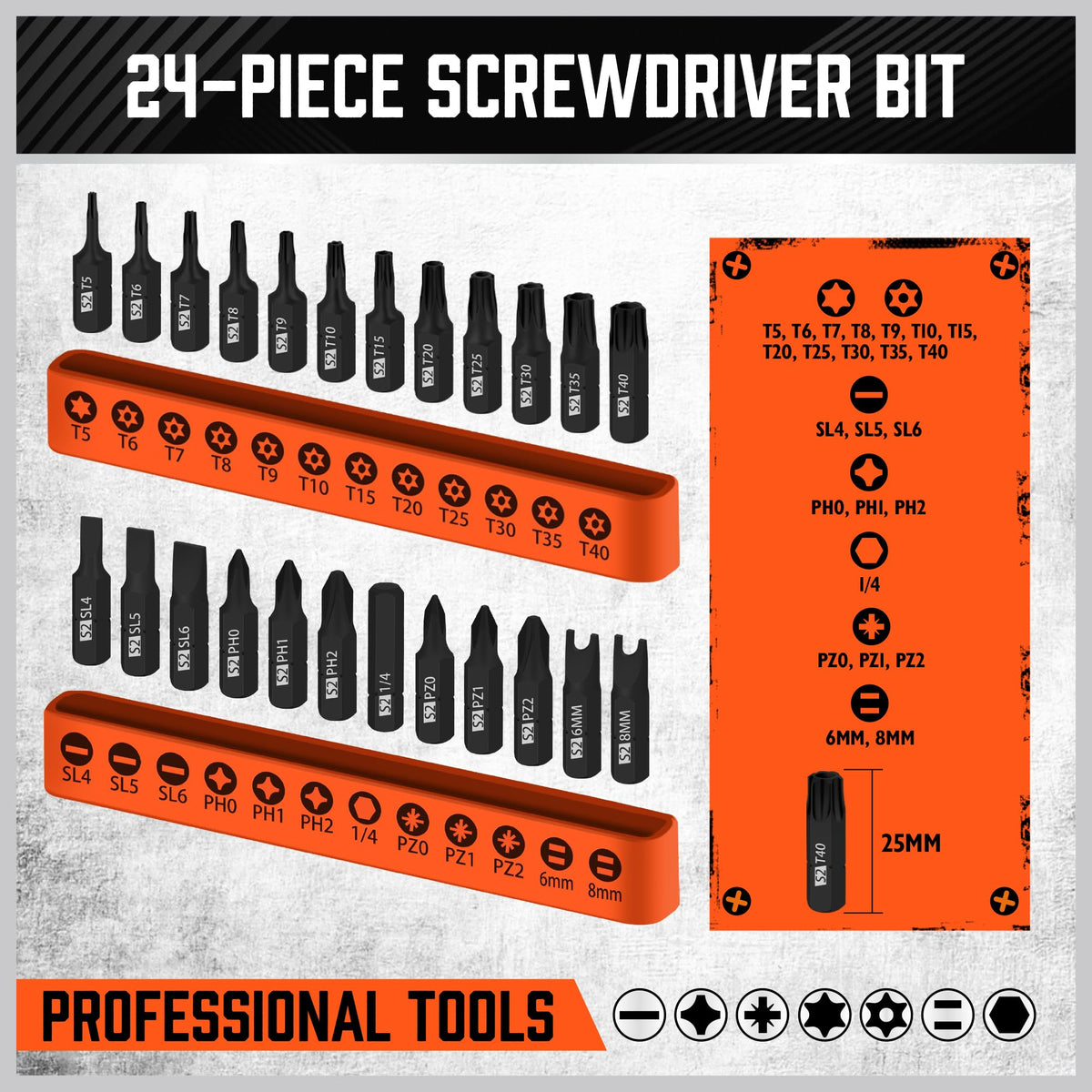 HORUSDY 25-Piece Security Torx Screwdriver Bit Set | T5-T40 Torx Bit Set 1/4 inch Ratcheting Magnetic Bit Driver | 12Pcs T-Drive Bits and 12Pcs Common Bit