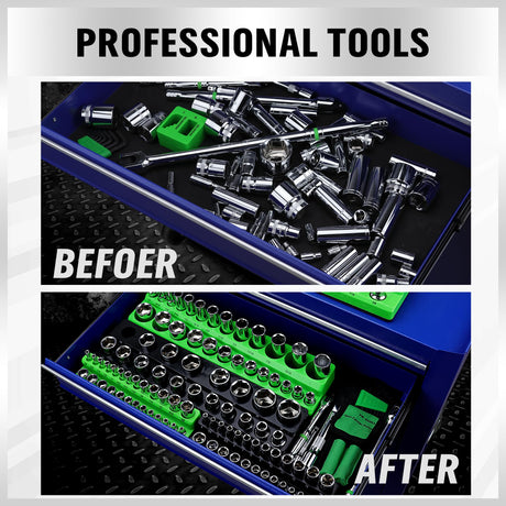 Magnetic Socket Organizer Set, 6-piece 1/4", 3/8", 1/2" SAE & Metric Sockets Holder, Drive Socket Trays, Storage Tool Box, Holding 143 Slots, Soft Rubber Covering Black Green Tools