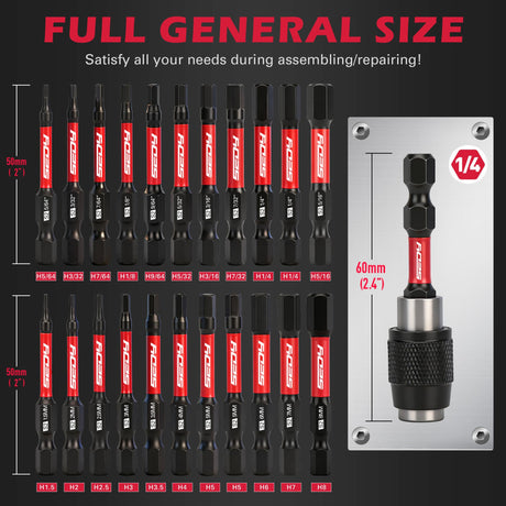 23-Piece Magnetic Hex Head Allen Wrench Drill Bit Set with 2.4" Impact Bit Holder, 1/4" Hex Shank Hex Bits, SAE & Metric Hex Screwdriver Bit Set, S2 Steel Allen Key, Mechanic Home Repair