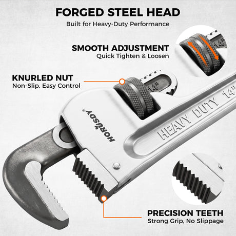 HORUSDY 4 Pack Adjustable Pipe Wrench Set, 8", 10", 12", 14" Heavy-Duty Plumbing Wrench with Anti-Slip Jaws