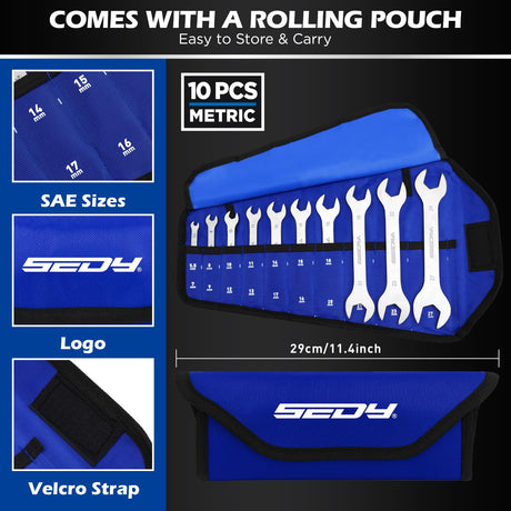 10-Piece Super Thin Open-End Wrench Set, Metric 5.5–27mm, 3mm Thickness Slim Wrench Set for Tight Spaces, Nickel Plated Flat Wrenches with Rolling Storage Pouch