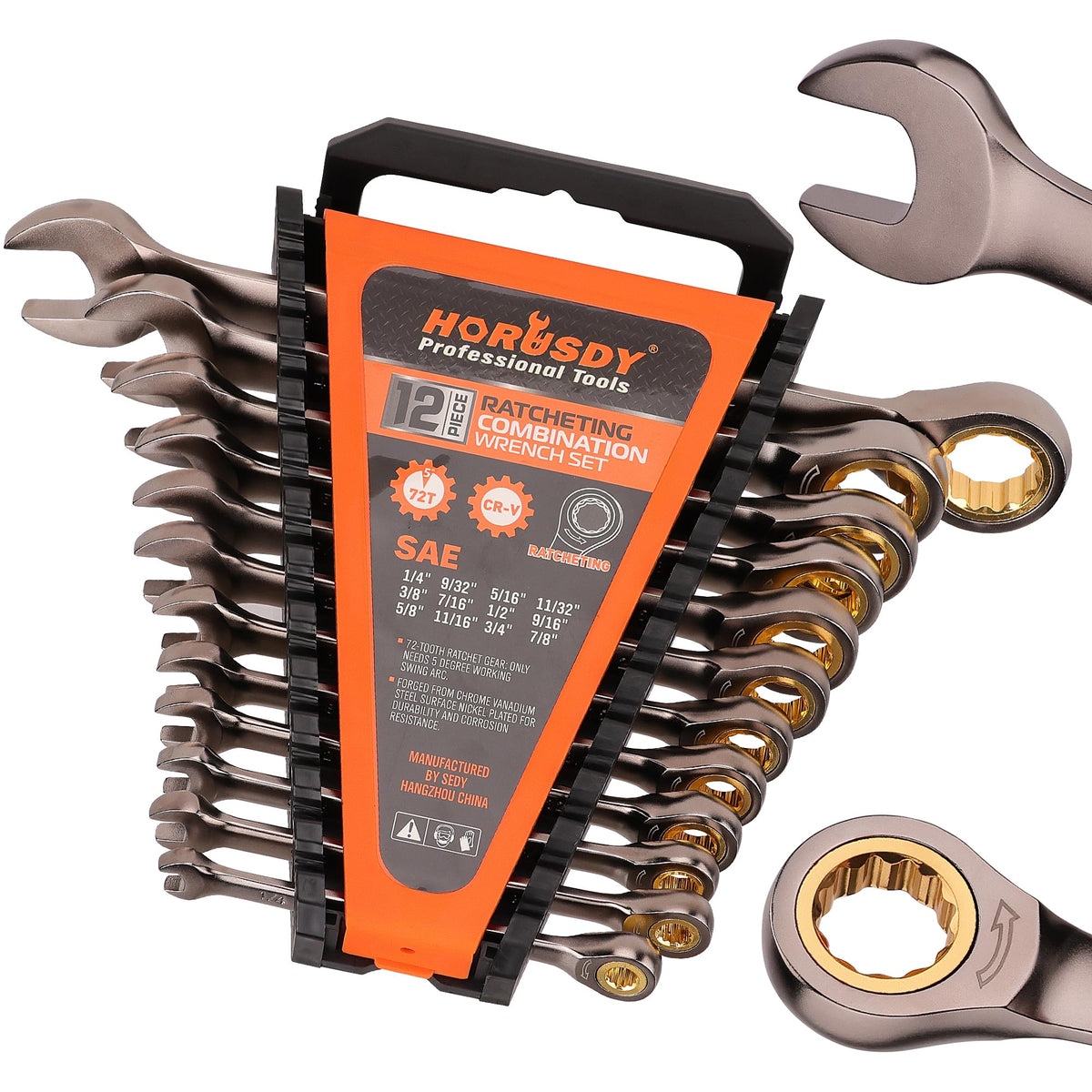 HORUSDY 12-Piece SAE Ratcheting Wrench Set | 1/4” to 7/8“ | Ratchet Combination Wrenches Set with Organizer | 72-Teeth | Chrome Vanadium Steel