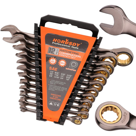 HORUSDY 12-Piece SAE Ratcheting Wrench Set | 1/4” to 7/8“ | Ratchet Combination Wrenches Set with Organizer | 72-Teeth | Chrome Vanadium Steel