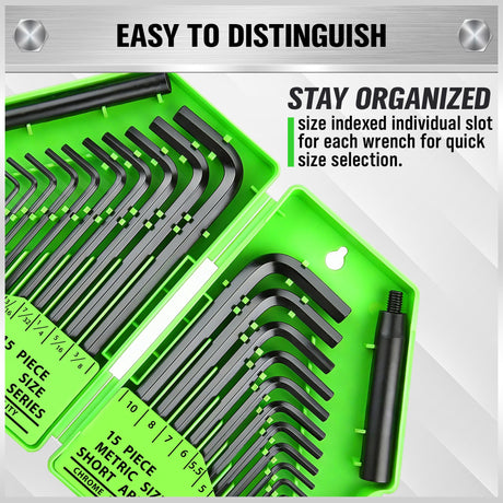 32-Piece Hex Key Allen Wrench Set, SAE and Metric Allen Keys MM(0.7mm-10mm) SAE(0.028"-3/8), L Shape, Chrome Vanadium Steel, Easy Organization
