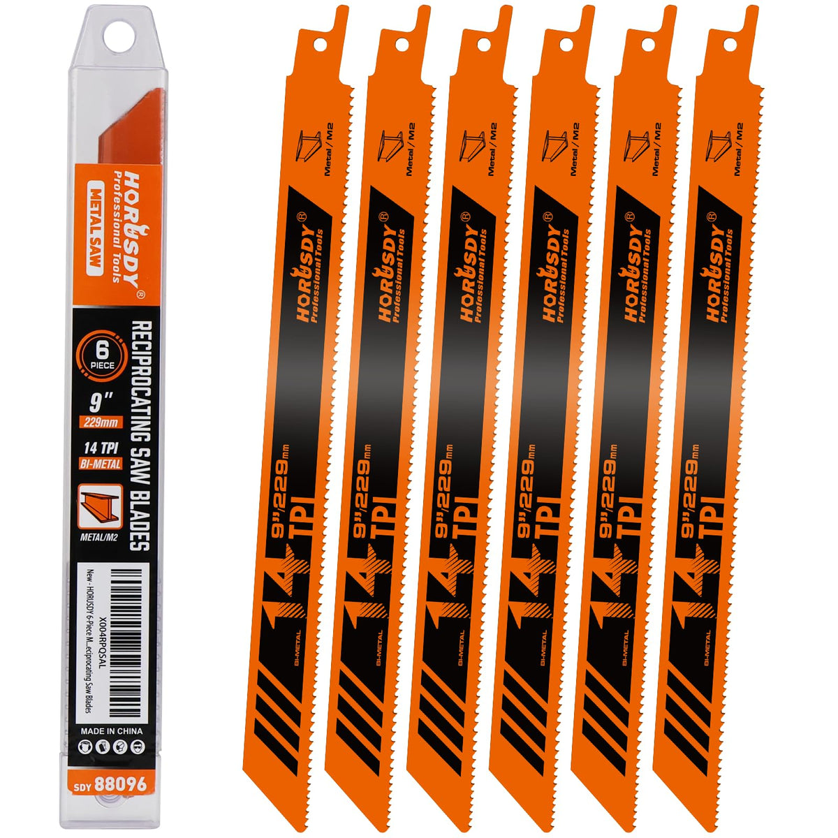 HORUSDY 6PCS 9-Inch 14TPI Bi-Metal Reciprocating Saw Blades, Heavy-Duty Blades for Cutting Steel Pipe, Rebar and Sheet Metal, Universal Shank Fits Most Saws